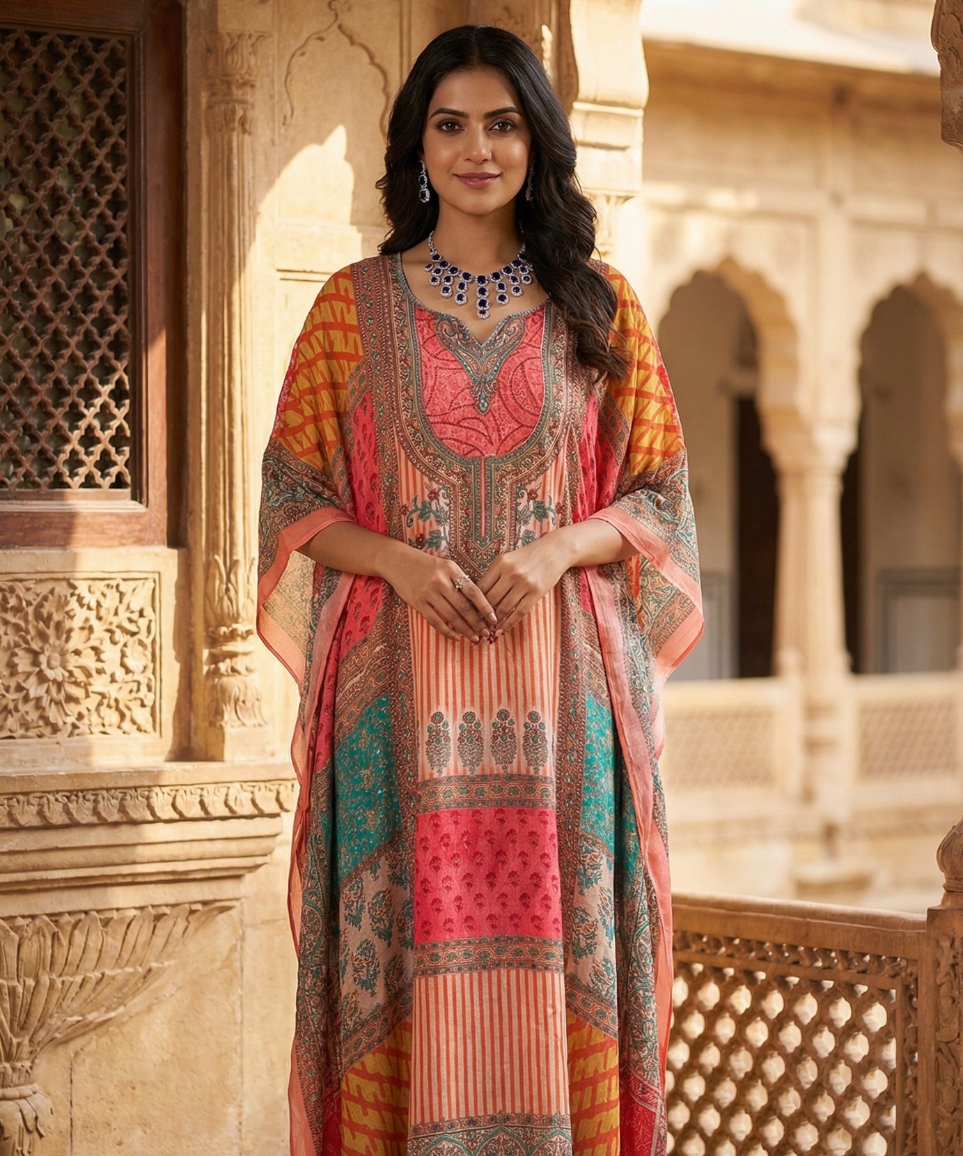 Women's multiprint block print kaftan in coral, amber and teal with zari V-neck embroidery — full-length ethnic festive maxi dress