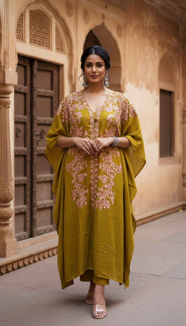 Traditional South Asian kaftan-style kurta set in mustard olive with pink botanical embroidery - full length