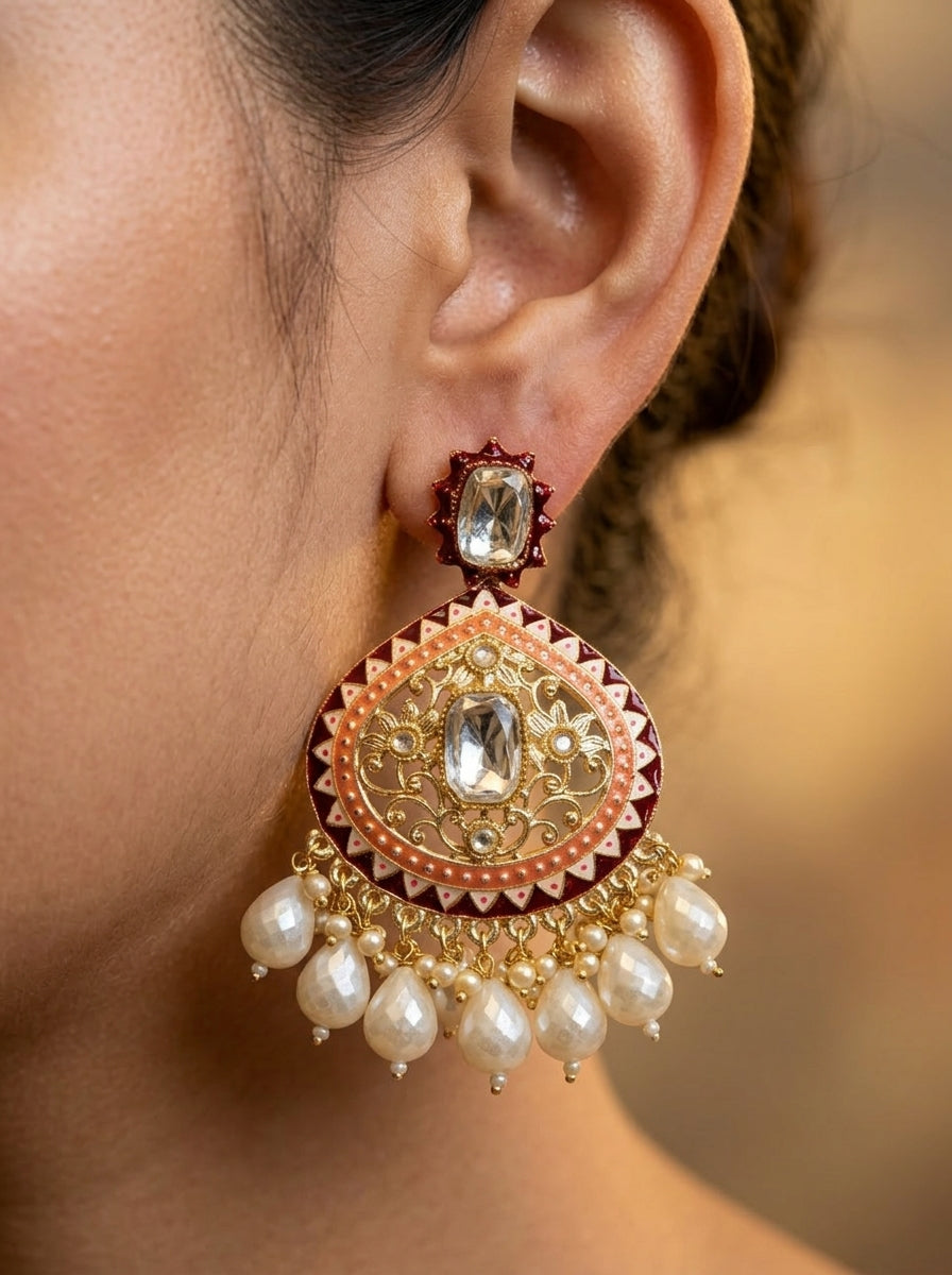 Maroon meenakari kundan chandbali — pearl drops