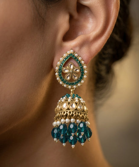 Teal blue kundan jhumka chandbali