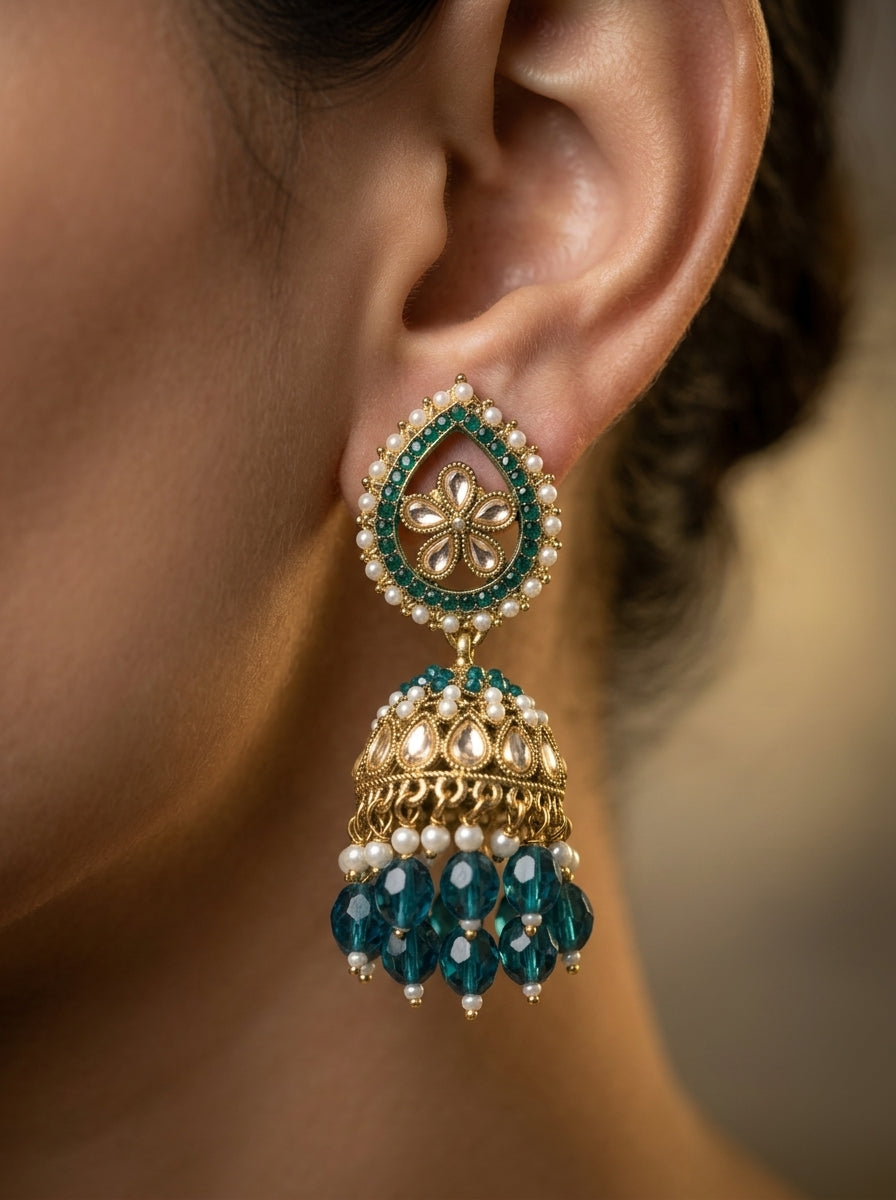 Teal blue kundan jhumka chandbali