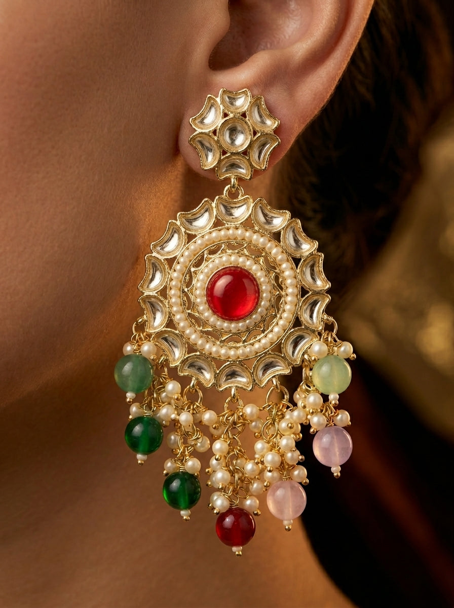 Gold kundan chandbali — multicolor beads