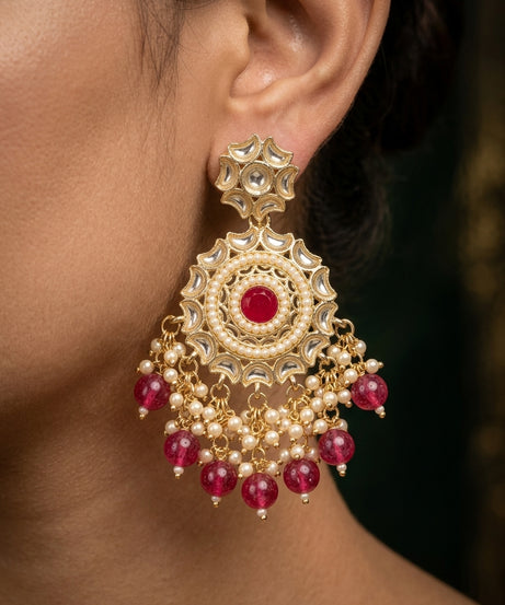 Kundan Chandbali Earrings — Ruby Red with Pearls