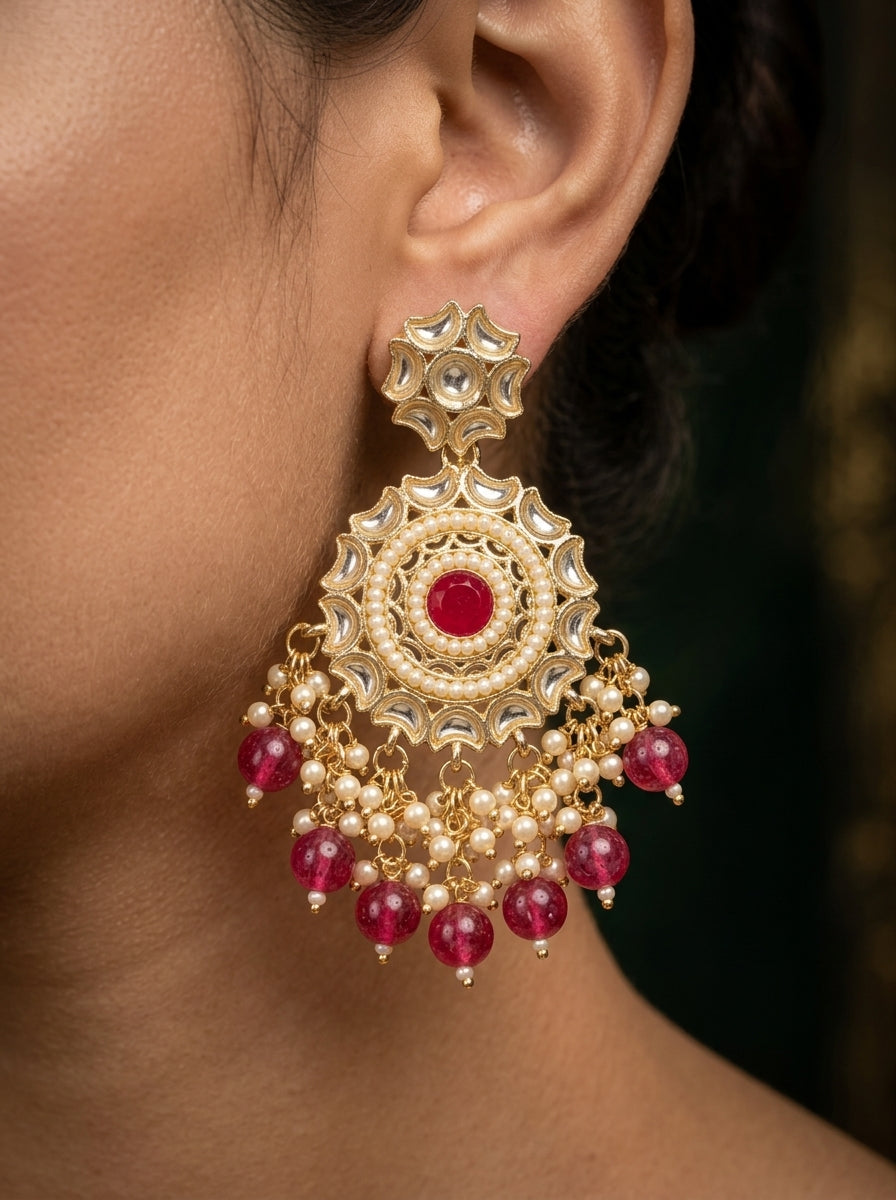 Kundan Chandbali Earrings — Ruby Red with Pearls