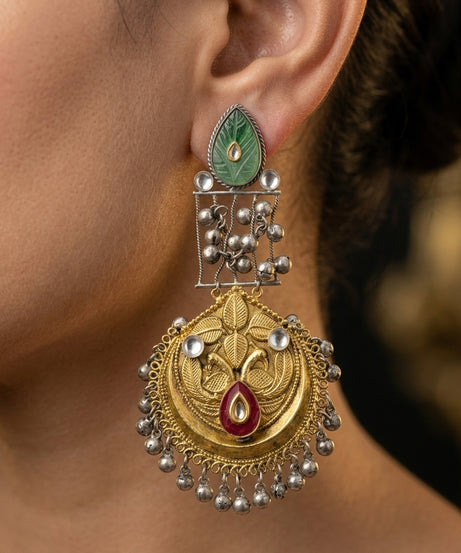 Dual-Tone Chandbali with Green Jade Tops & Ghungroo Drops