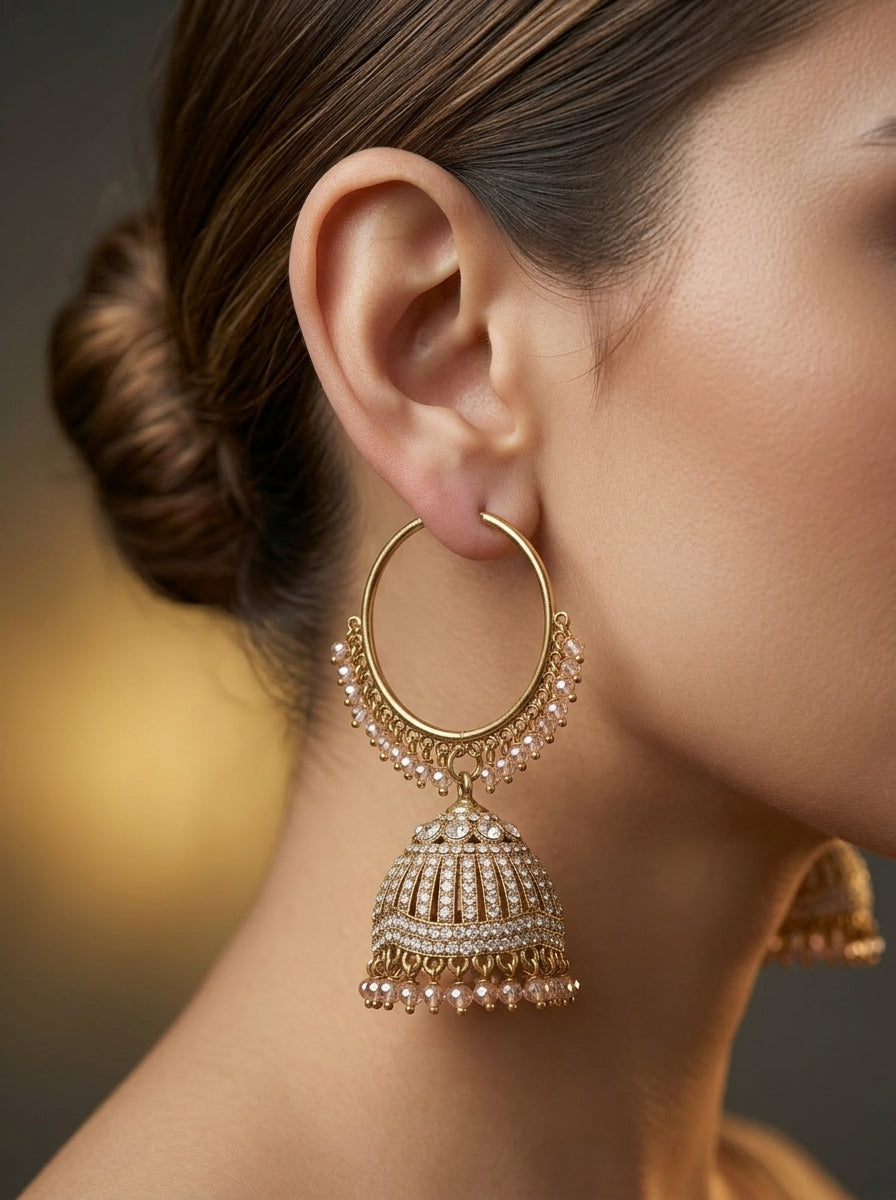 Champagne Crystal Jhumka Hoop Earrings (Bali Style)