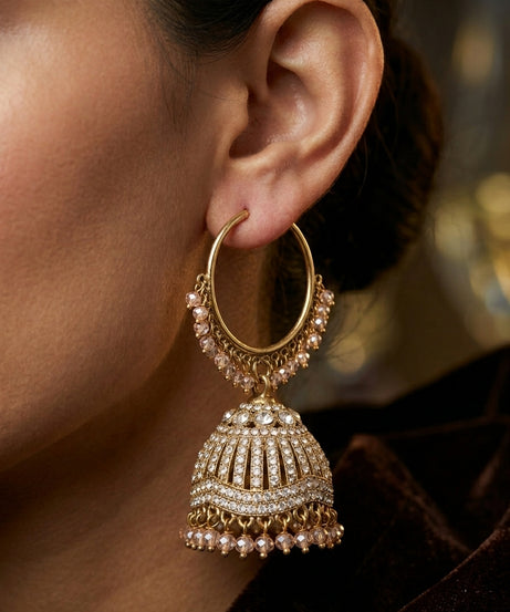 Champagne Crystal Jhumka Hoop Earrings (Bali Style)