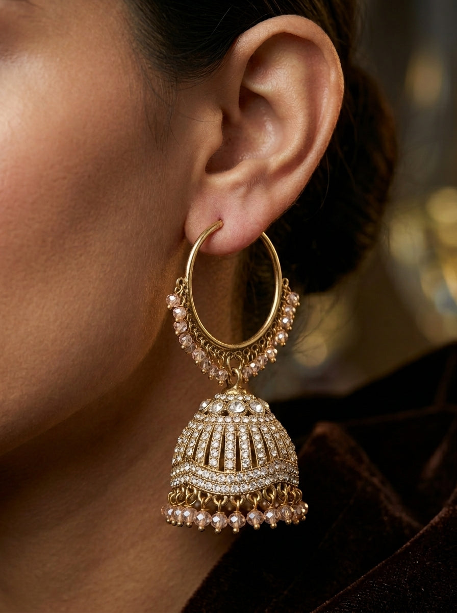 Champagne Crystal Jhumka Hoop Earrings (Bali Style)