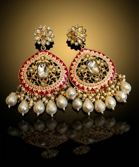Pink meenakari kundan chandbali — pearl drops