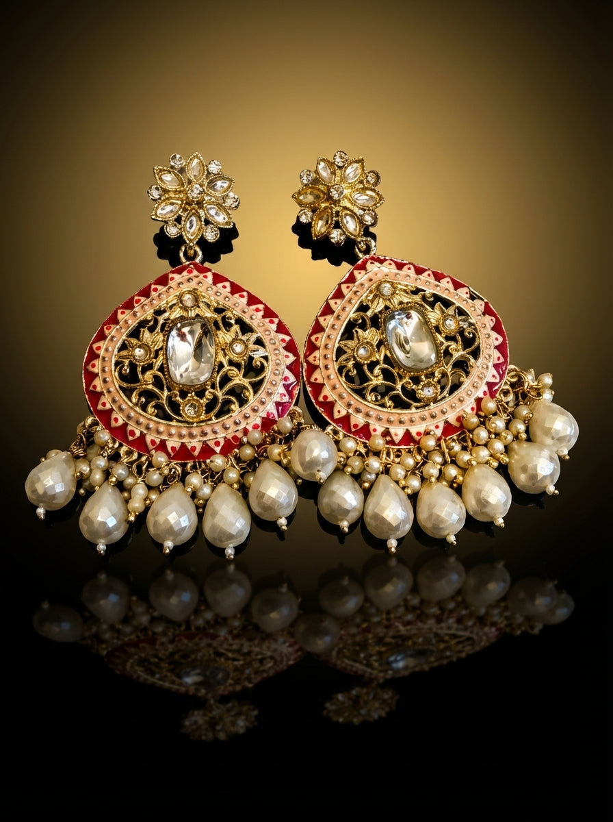 Pink meenakari kundan chandbali — pearl drops
