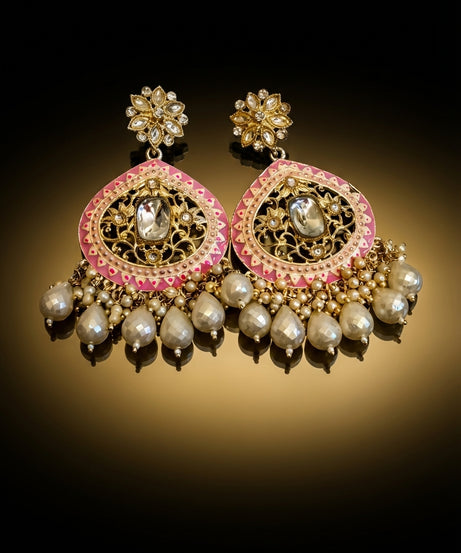 Pink meenakari kundan chandbali — pearl drops