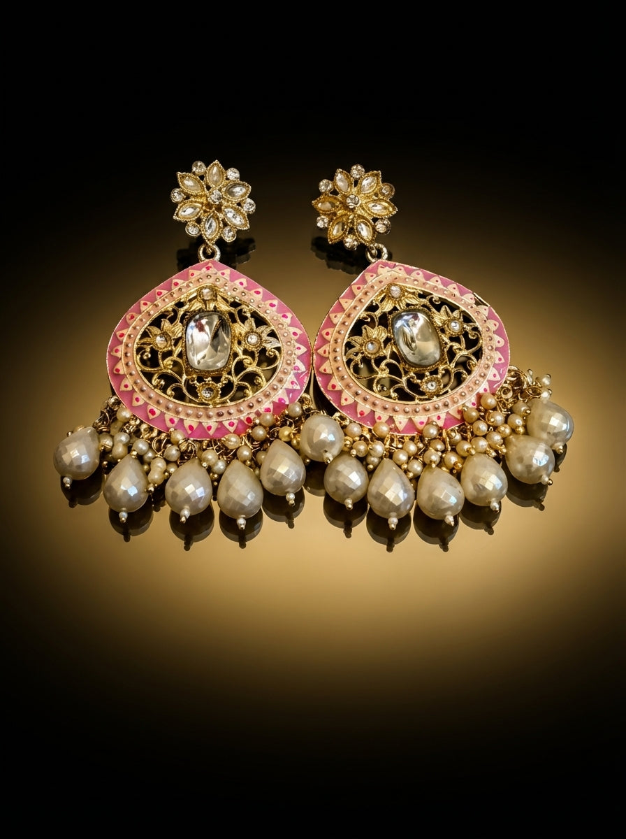 Pink meenakari kundan chandbali — pearl drops