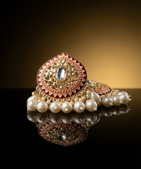 Maroon meenakari kundan chandbali — pearl drops