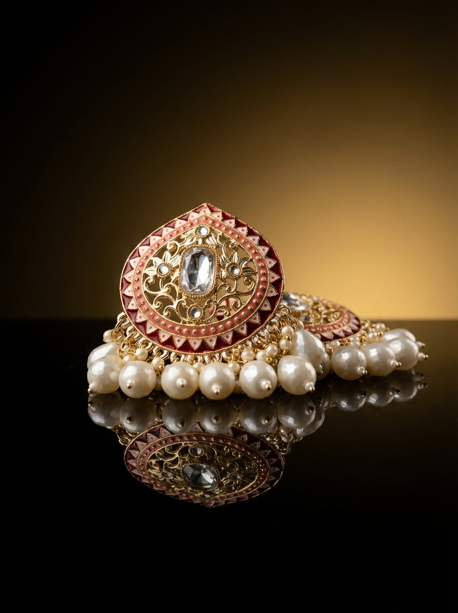 Maroon meenakari kundan chandbali — pearl drops