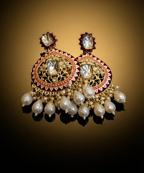 Maroon meenakari kundan chandbali — pearl drops