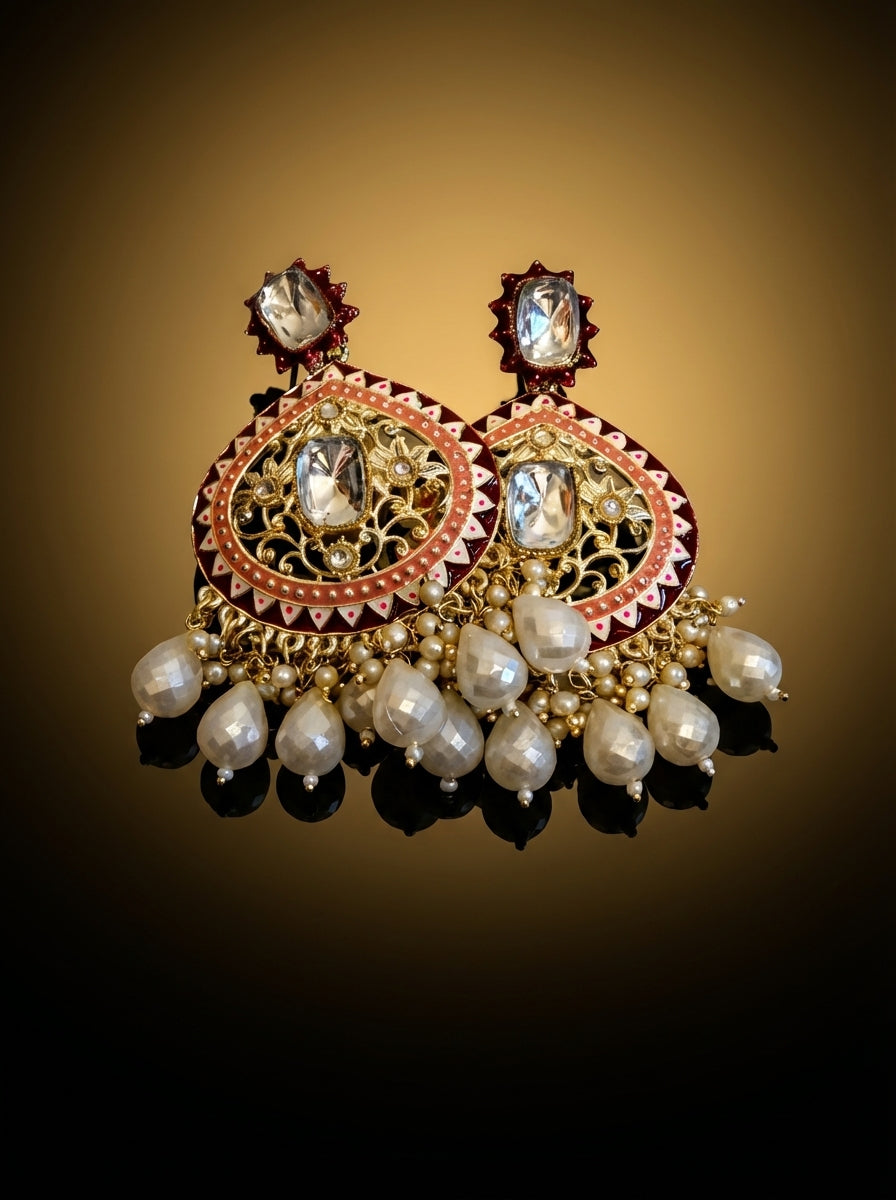Maroon meenakari kundan chandbali — pearl drops