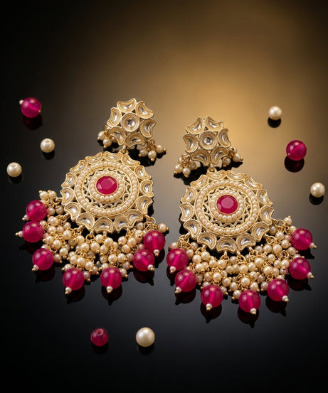 Kundan Chandbali Earrings — Ruby Red with Pearls