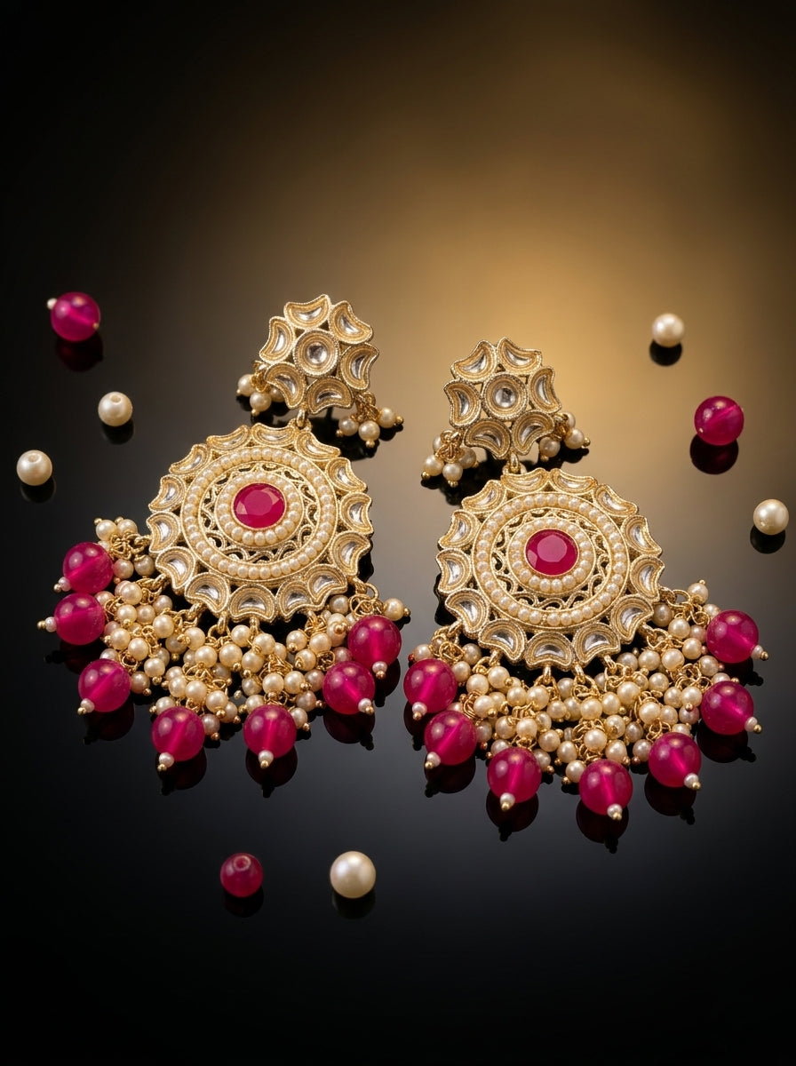 Kundan Chandbali Earrings — Ruby Red with Pearls