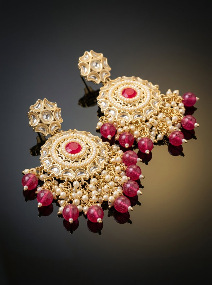 Kundan Chandbali Earrings — Ruby Red with Pearls