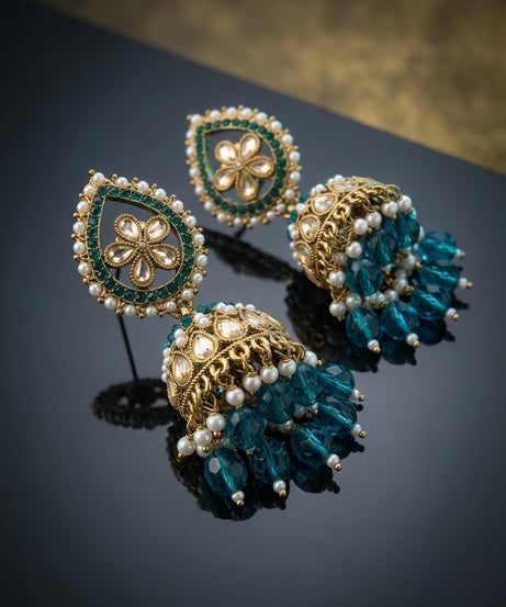 Teal blue kundan jhumka chandbali