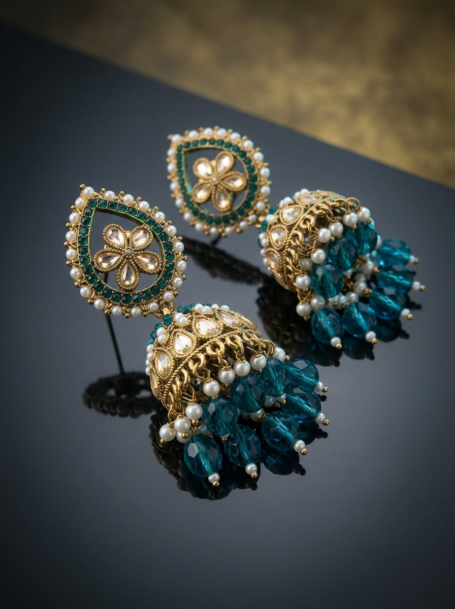 Teal blue kundan jhumka chandbali