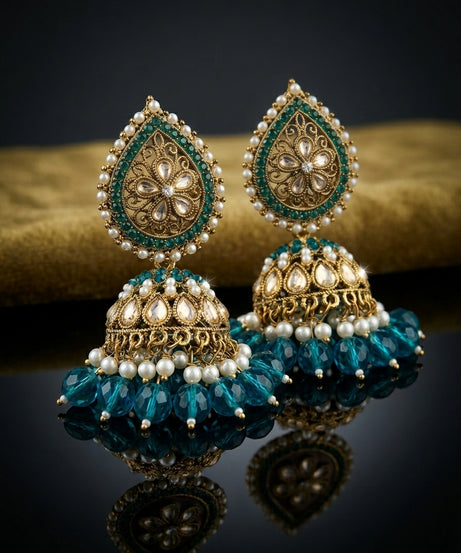 Teal blue kundan jhumka chandbali