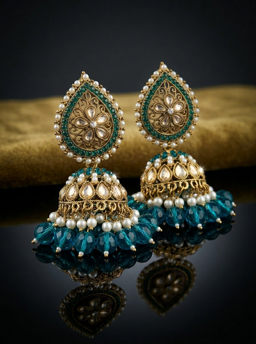 Teal blue kundan jhumka chandbali