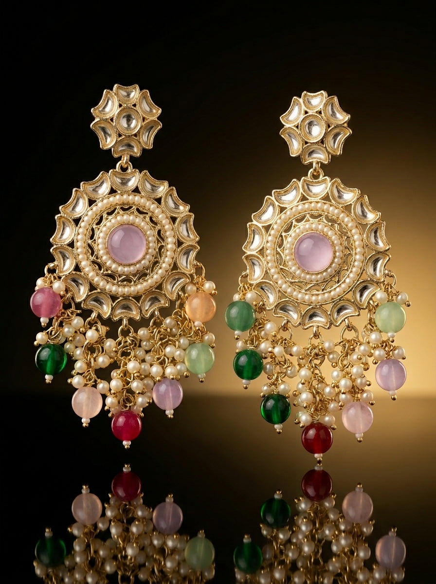 Gold kundan chandbali — multicolor beads