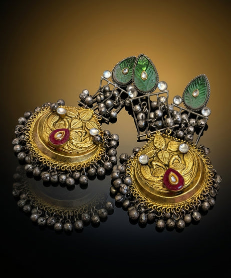 Dual-Tone Chandbali with Green Jade Tops & Ghungroo Drops
