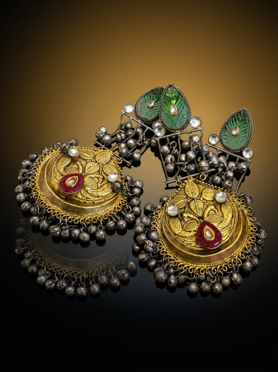 Dual-Tone Chandbali with Green Jade Tops & Ghungroo Drops