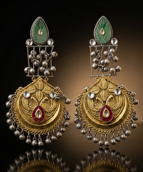 Dual-Tone Chandbali with Green Jade Tops & Ghungroo Drops