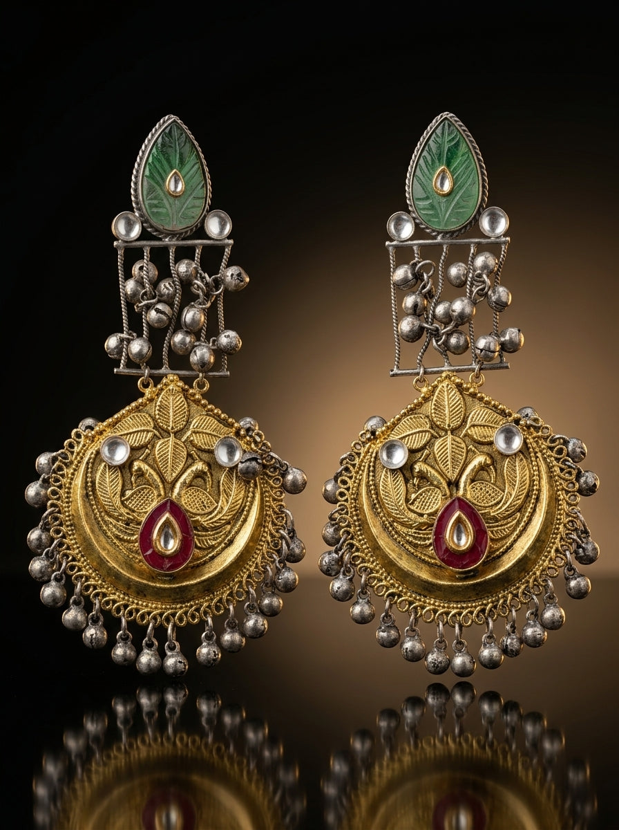 Dual-Tone Chandbali with Green Jade Tops & Ghungroo Drops