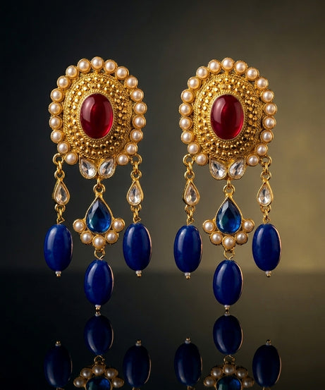 Royal Blue Kundan Drop Earrings with Pearl Border
