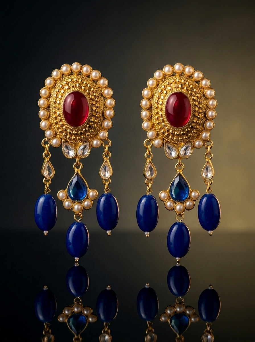 Royal Blue Kundan Drop Earrings with Pearl Border