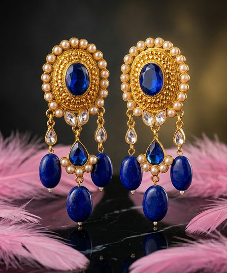 Royal Blue Kundan Drop Earrings with Pearl Border