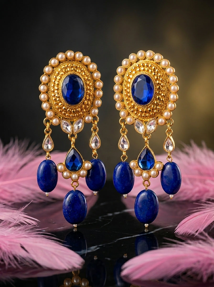 Royal Blue Kundan Drop Earrings with Pearl Border