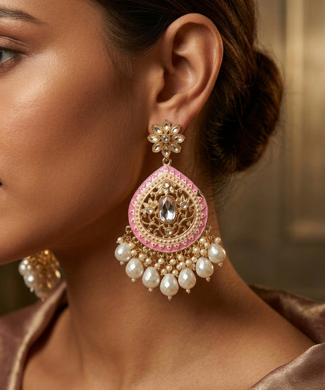 Pink meenakari kundan chandbali — pearl drops