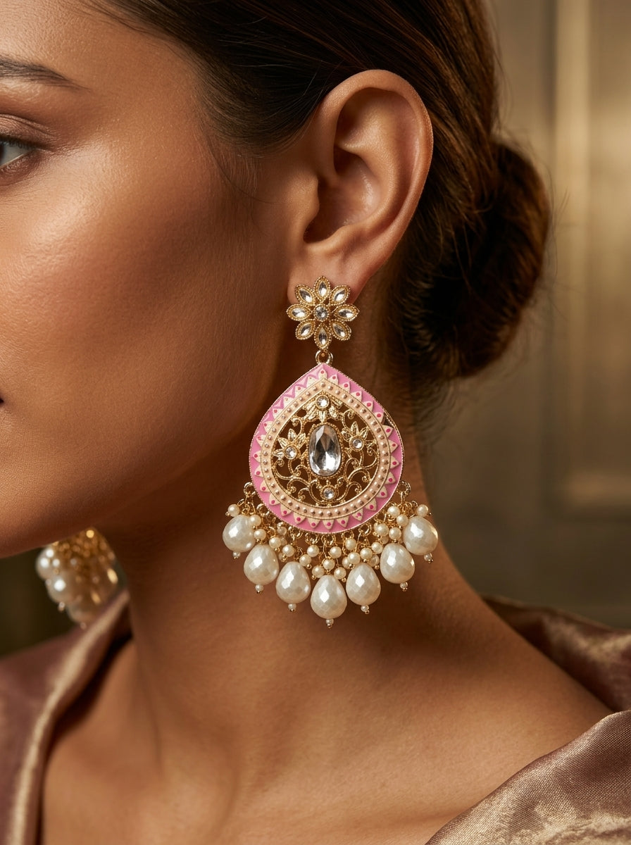 Pink meenakari kundan chandbali — pearl drops