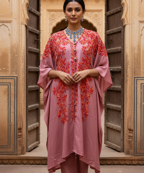 Festive ethnic wear: pink embroidered kaftan kurta with center button detail for Eid and wedding occasions
