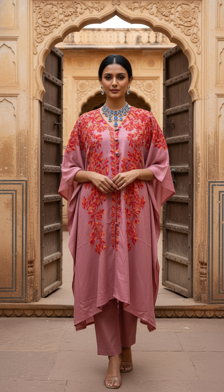 Festive ethnic wear: pink embroidered kaftan kurta with center button detail for Eid and wedding occasions