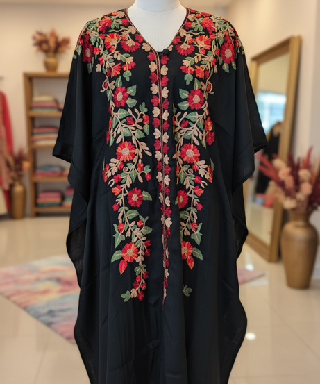 Black Floral Embroidered Kaftan Kurta Set