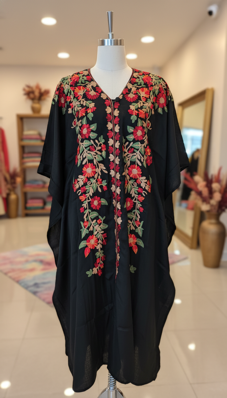 Black Floral Embroidered Kaftan Kurta Set