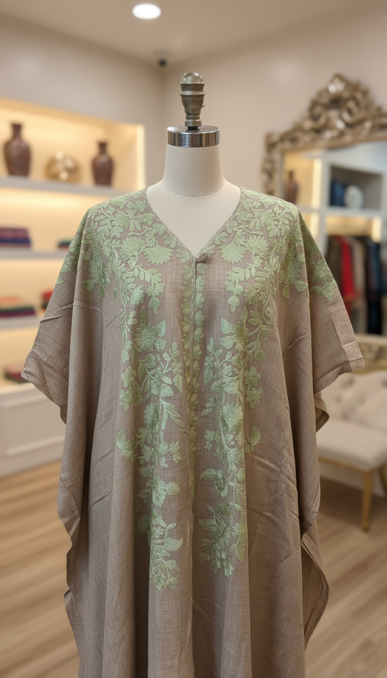 Beige & Mint Green Floral Kaftan Kurta