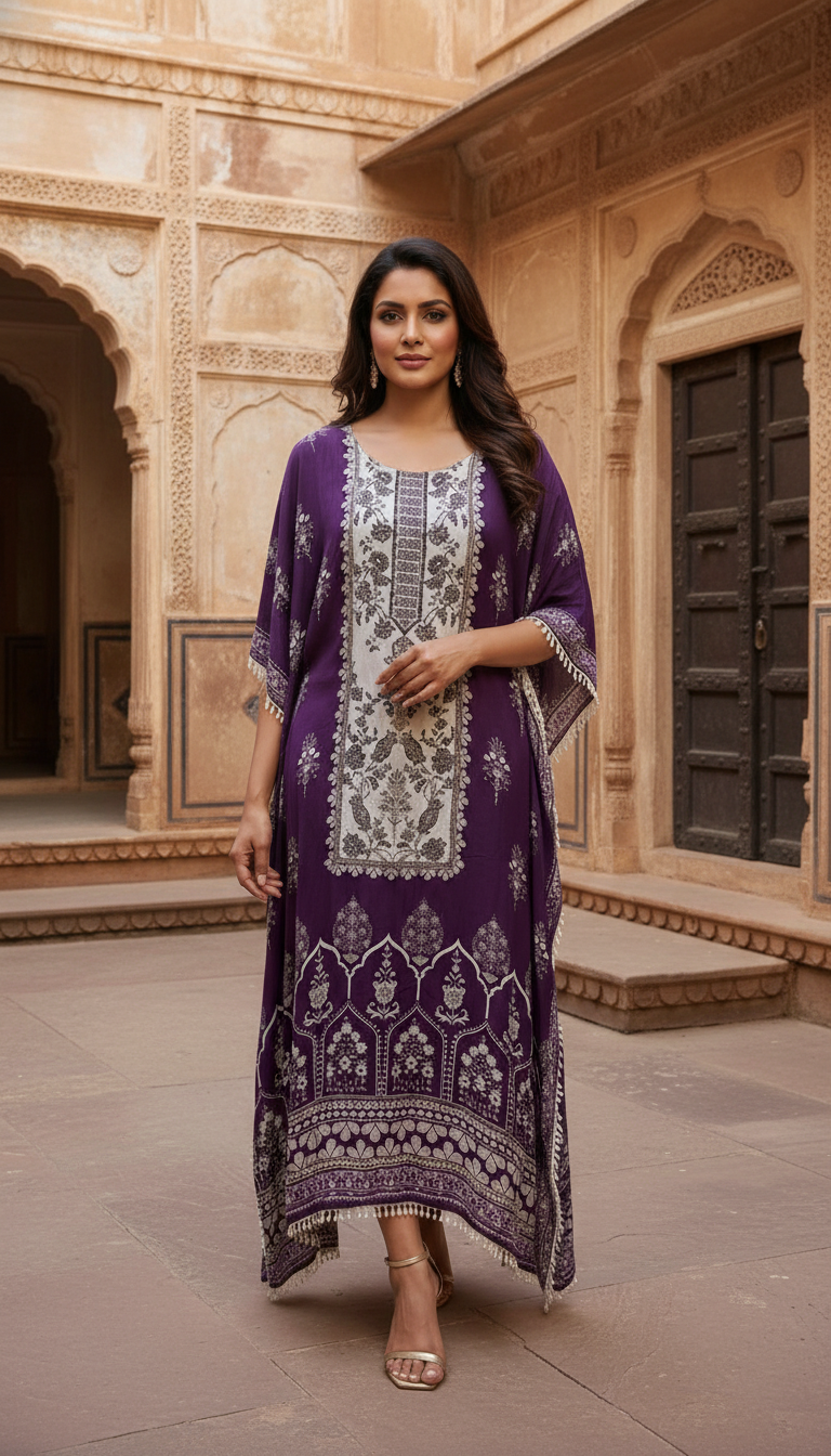Royal Amethyst Resham Embroidered Kaftan Dress