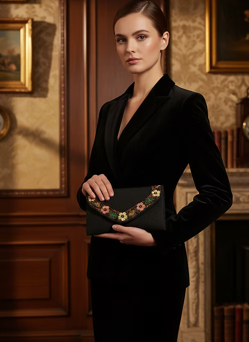 Midnight Bloom Embroidered Clutch