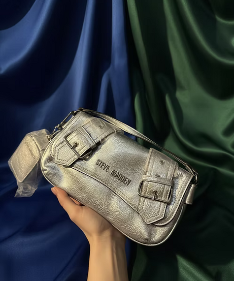 Steve Madden Metallic Silver Buckle Baguette with Mini Pouch