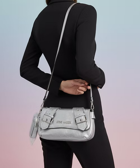 Steve Madden Metallic Silver Buckle Baguette with Mini Pouch