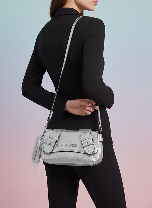 Steve Madden Metallic Silver Buckle Baguette with Mini Pouch
