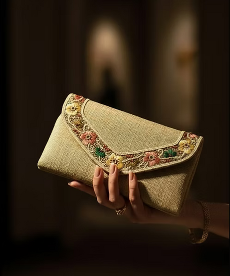 Meadow Bloom Embroidered Linen Clutch