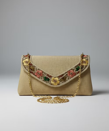 Meadow Bloom Embroidered Linen Clutch